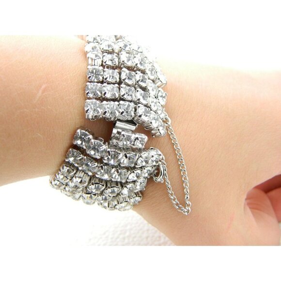 Vintage Art Deco Style Rhodium Silver Tone Clear CZ Rhinestone Wide Bracelet (D) - Picture 2 of 7